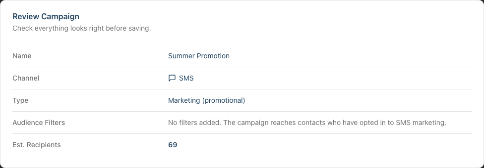 The Review Campaign summary listing the name, channel, type, audience filters and estimated recipients