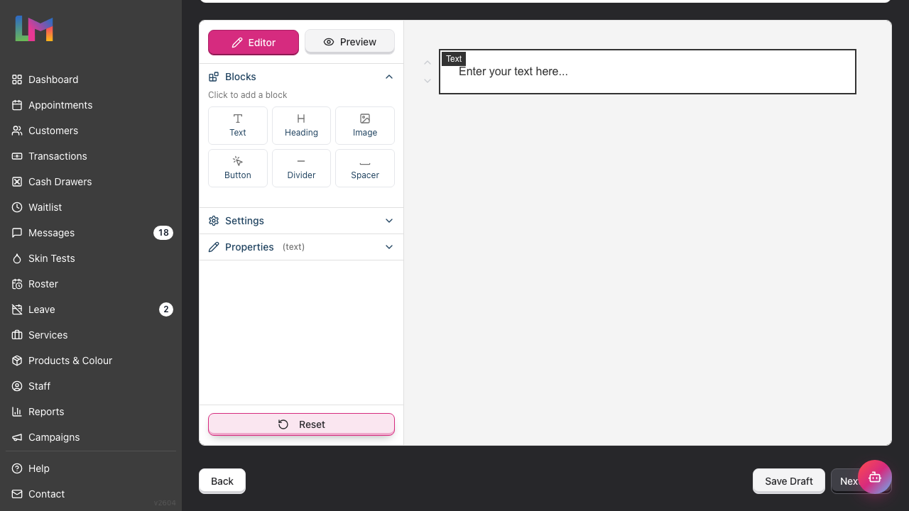 The visual email editor with the Blocks palette on the left, the Editor and Preview tabs above it, and a text block placed on the email canvas
