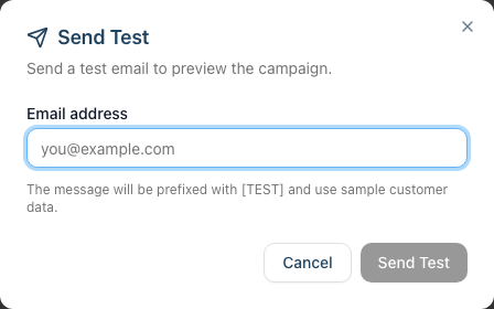 Send Test dialog with the email address field and the [TEST] prefix note