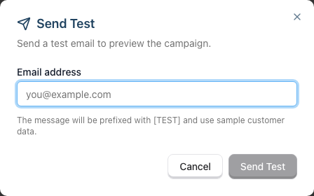 Send Test dialog with the email address field and the [TEST] prefix note