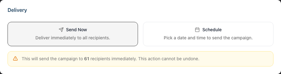 Send Campaign page with Send Now selected and the immediate-send warning