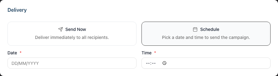 Send Campaign page in Schedule mode showing the Date and Time fields