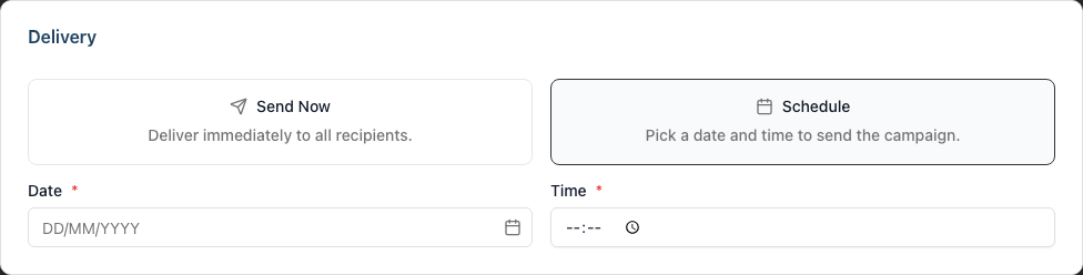 Delivery card in Schedule mode showing the Date and Time fields