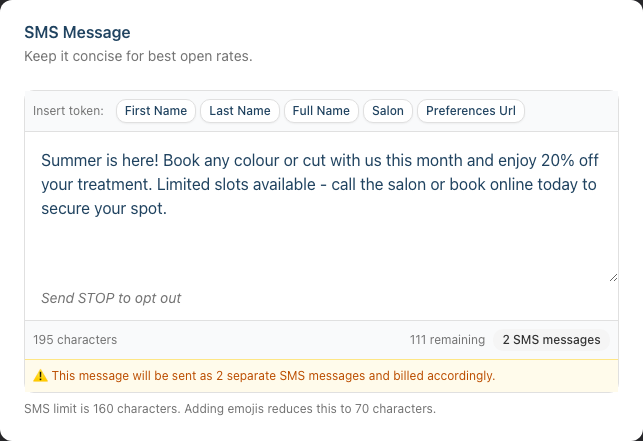 The SMS message editor showing personalisation token buttons, the typed message, the italic