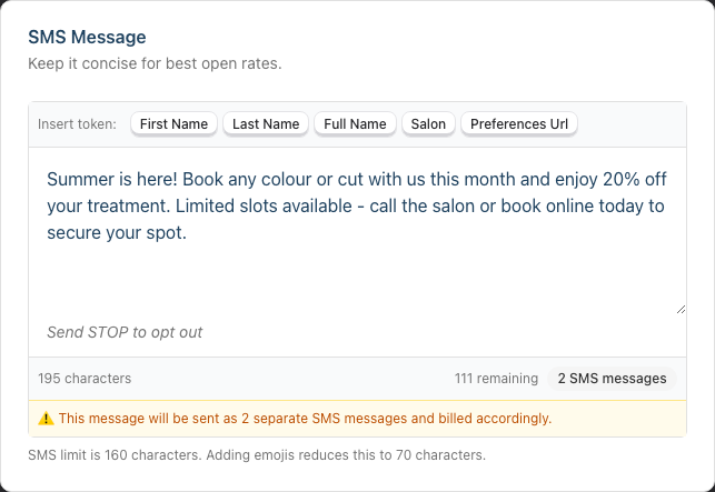 The SMS message editor showing personalisation token buttons, the typed message, the italic