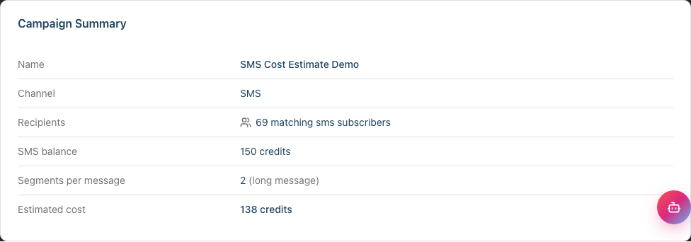 The Campaign Summary card on the Send page for an SMS campaign, showing the SMS balance, segments per message, and estimated cost rows below the standard name, channel and recipient details