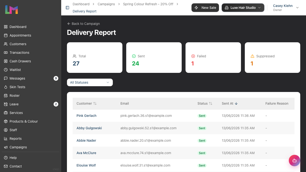 The Delivery Report page showing the statistics row, the status filter and the per-recipient sends table