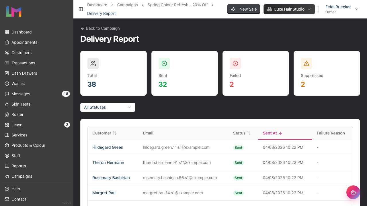 The Delivery Report page showing the statistics row, the status filter and the per-recipient sends table
