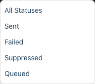 The status filter dropdown open, showing All Statuses, Sent, Failed, Suppressed and Queued