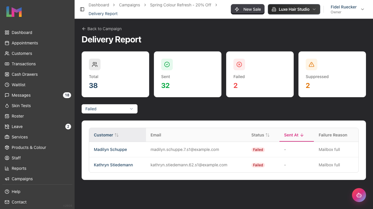 The Delivery Report filtered to Failed, showing two failed sends with their failure reasons