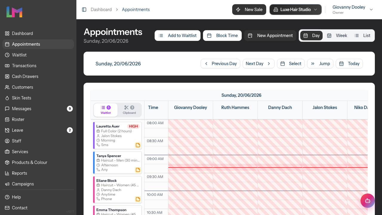 The appointment calendar in Day view: the Day, Week and List toggle in the header, the date navigation bar, the Waitlist and Clipboard tabs, staff columns across the top and the red now line on the time grid.