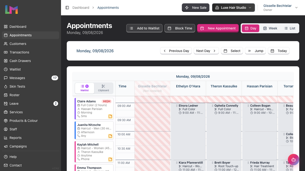 The appointment calendar in Day view: the Day, Week and List toggle in the header, the date navigation bar, the Waitlist and Clipboard tabs, staff columns across the top and the red now line on the time grid.