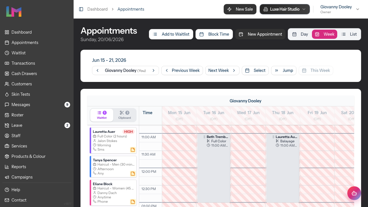 The Week view for a single staff member: the staff selector with a