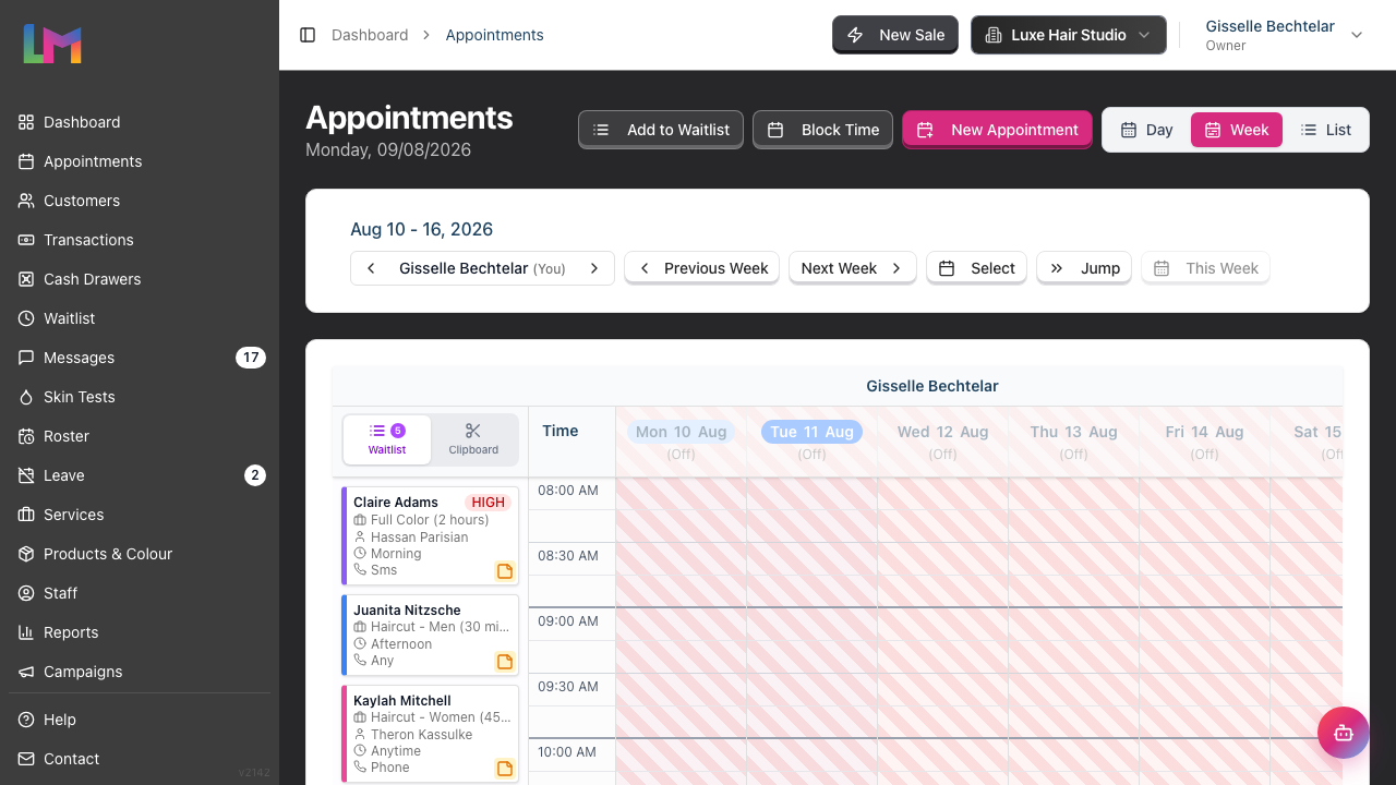 The Week view for a single staff member: the staff selector with a