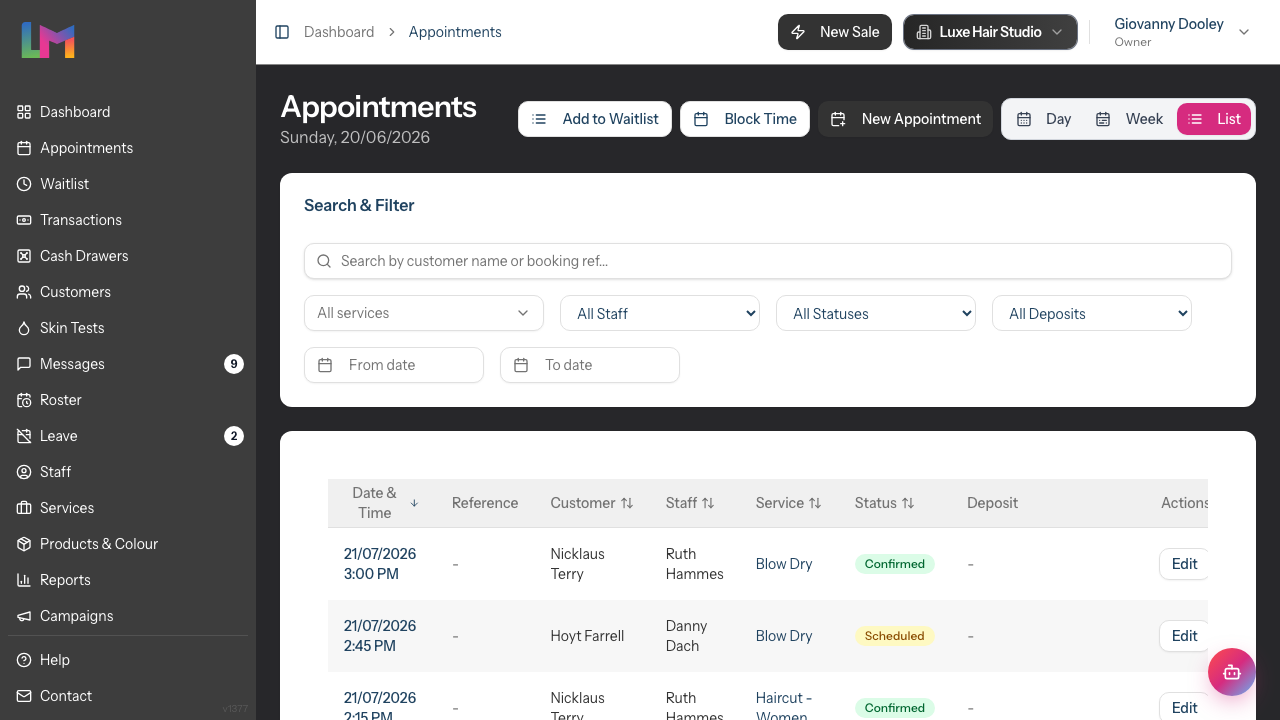 The List view: a Search & Filter card with a customer search box and filters for service, staff, status and deposit, above a sortable table of appointments showing date and time, customer, staff, service and status.