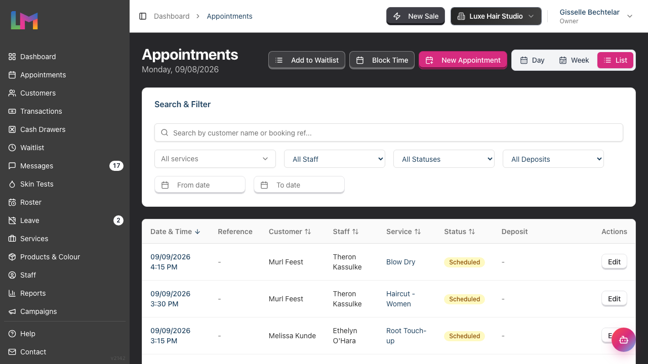 The List view: a Search & Filter card with a customer search box and filters for service, staff, status and deposit, above a sortable table of appointments showing date and time, reference, customer, staff, service, status and deposit.