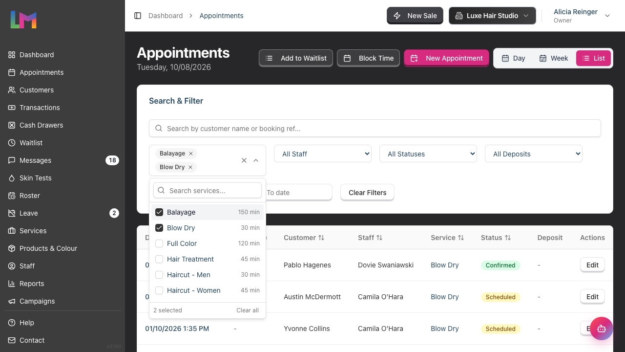 The All services filter open on the List view: a searchable list of services with tick boxes and durations, two services ticked, their names shown as removable chips in the field, and a