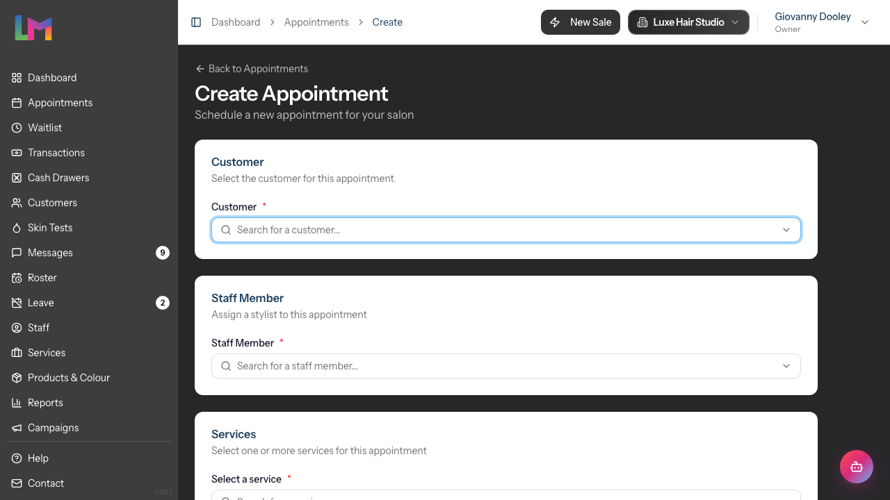 The new appointment form, showing the Customer, Services, Staff Member and date/time cards