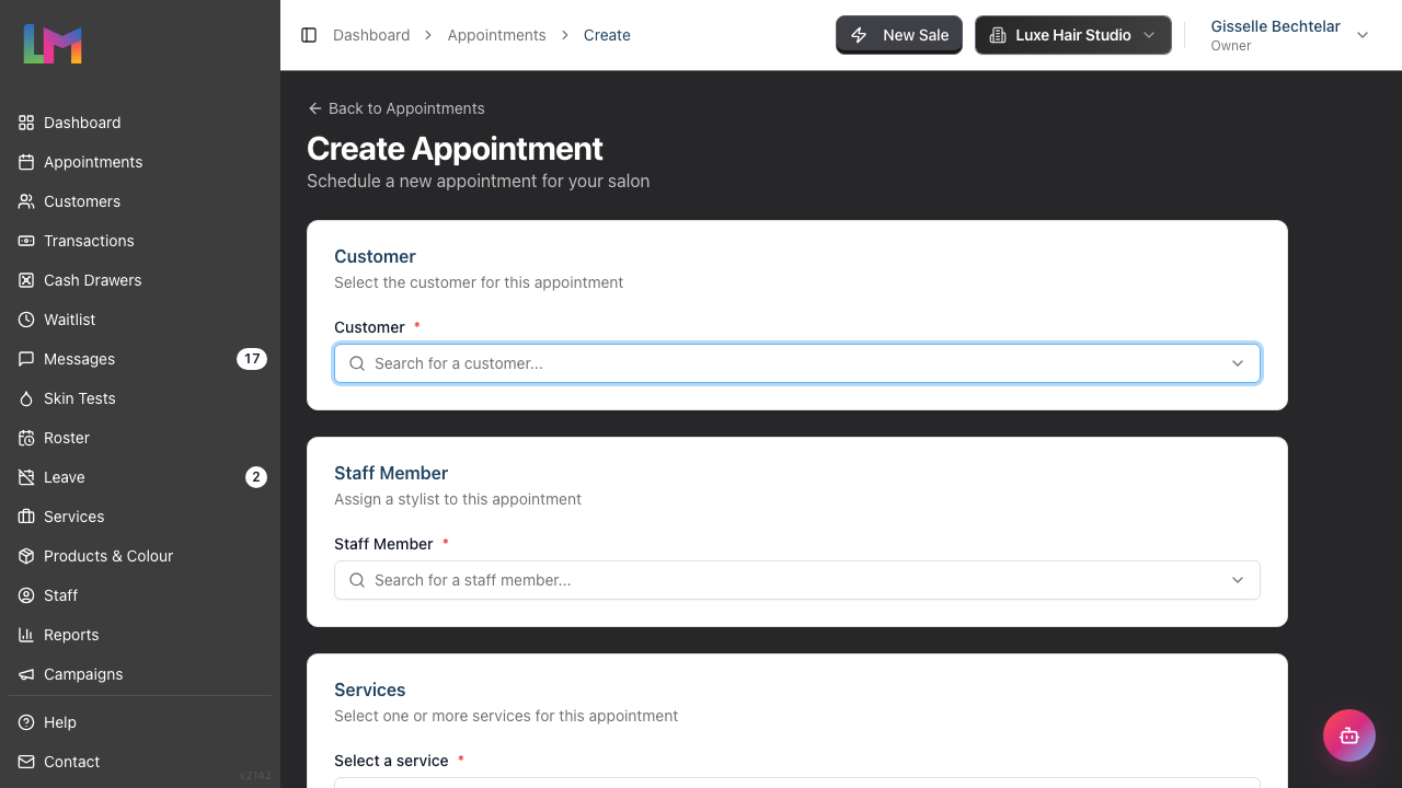 The new appointment form, showing the Customer card at the top of the page with its customer search field, and the Staff Member card beneath it