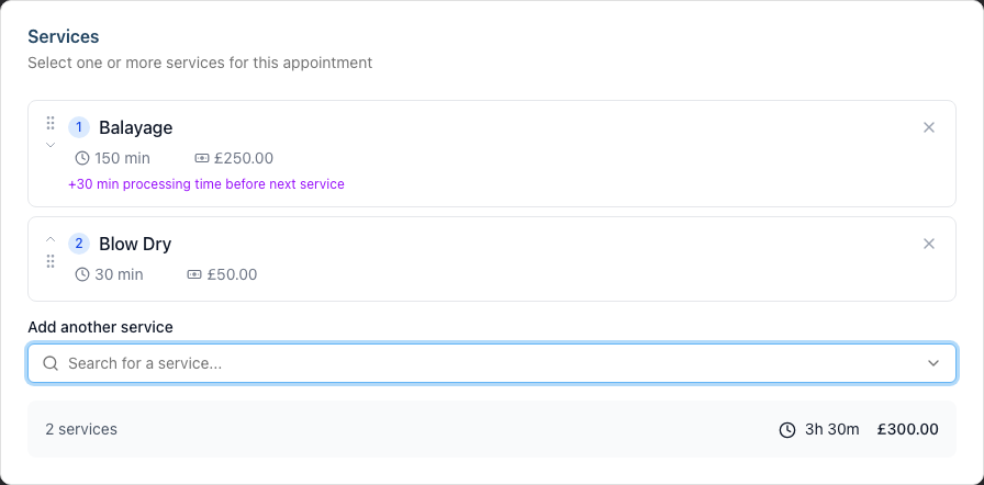 The Services card with Balayage and Blow Dry stacked, each showing its duration and price, the processing-time note between them, and a totals bar reading 2 services, 3h 30m, ÂŖ300.00