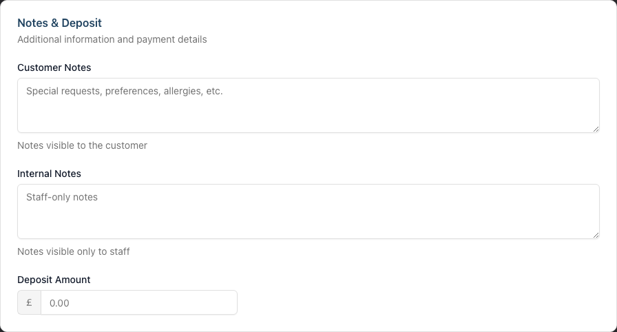 The Deposit card on the appointment form, with the Deposit Amount field and its helper text