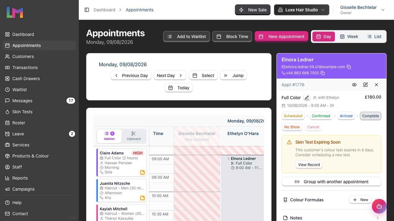 The calendar with the appointment sidebar open on the right, showing the customer name, the appointment reference, the service and price, the status stepper, the Group with another appointment button, and the Notes and Badges sections