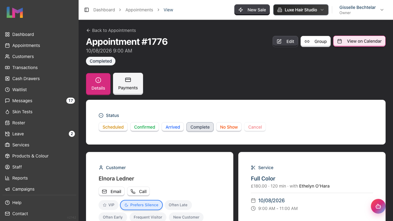 The appointment detail page showing the Appointment number heading, its status badge, the Edit, Group and View on Calendar buttons, the Details and Payments tabs, and the Status card with Scheduled, Confirmed, Arrived, Complete, No Show and Cancel buttons