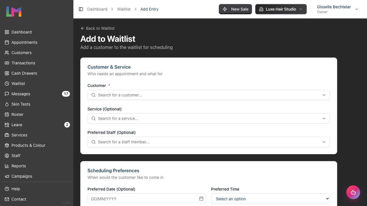 The Add to Waitlist form showing the Customer & Service, Scheduling Preferences and Notes sections