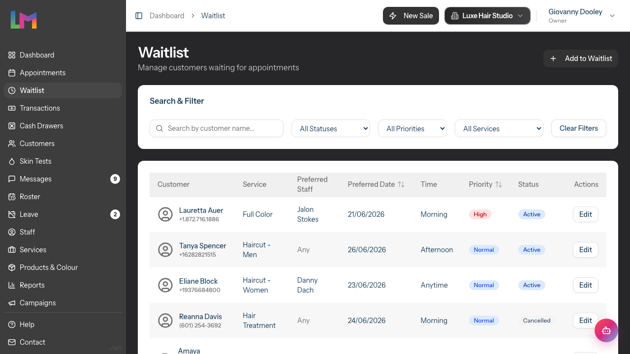The Waitlist page listing entries in a table, with the search box and the Status, Priority and Service filters above it