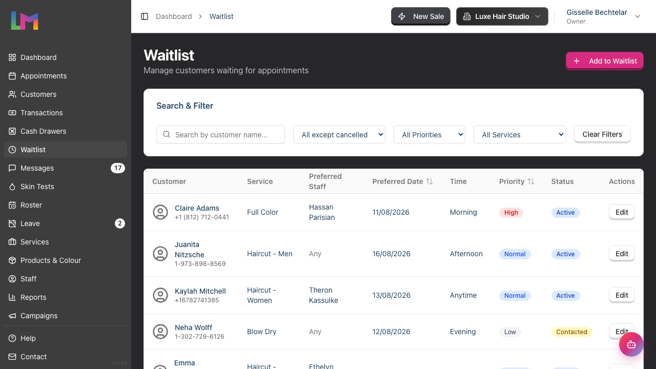 The Waitlist page listing entries in a table, with the search box and the Status, Priority and Service filters above it