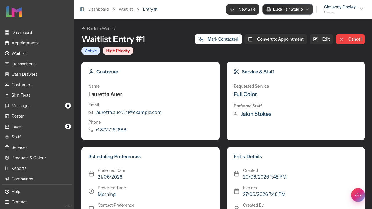 A waitlist entry detail page showing the status and priority badges, the customer and service cards, the scheduling preferences, and the action buttons
