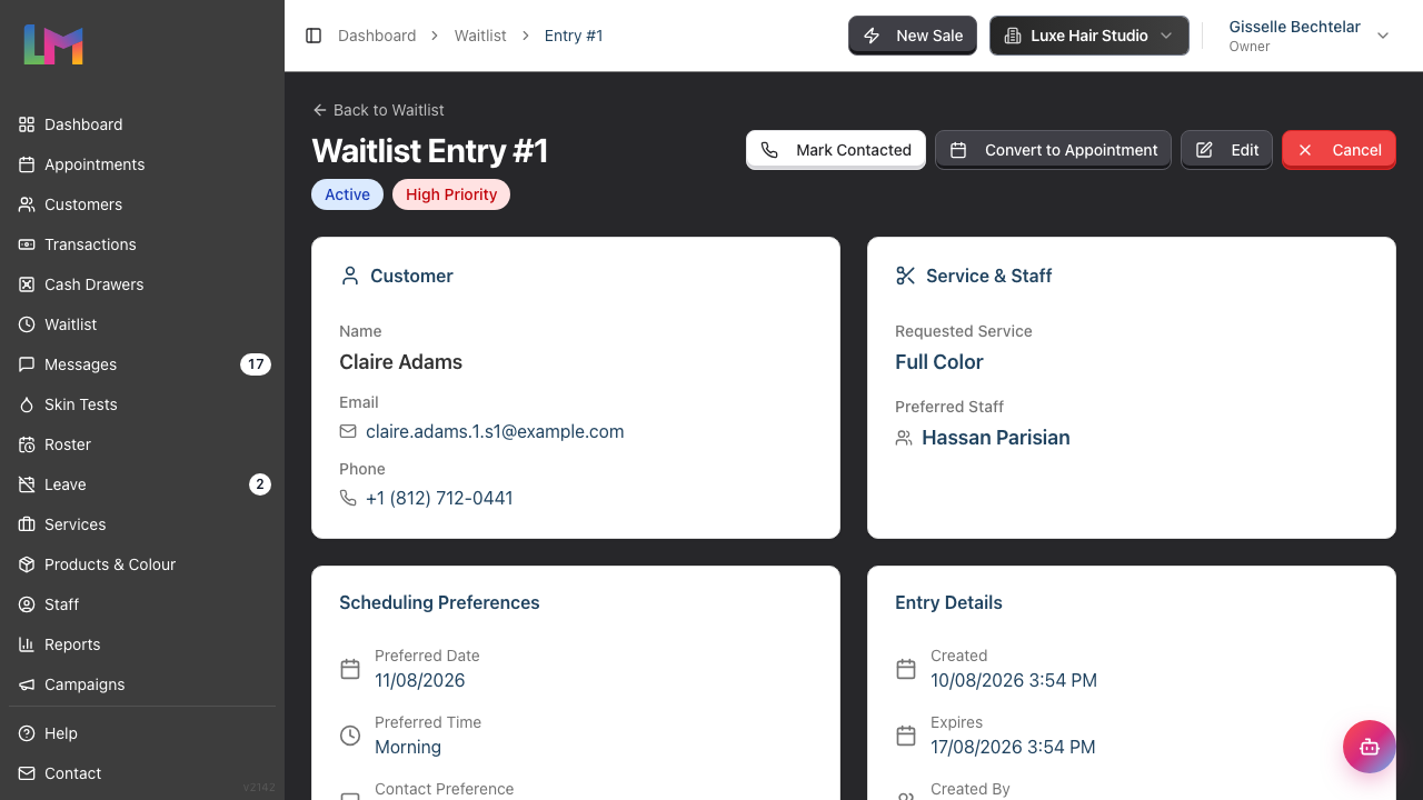 A waitlist entry detail page showing the status and priority badges, the customer and service cards, the scheduling preferences, and the action buttons