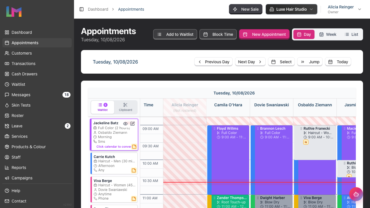 The Appointments calendar with the Waitlist tab open in the left panel and the first entry selected, showing its purple border and the 