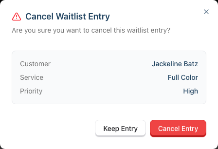 The Cancel Waitlist Entry dialog summarising the customer, service and priority, with the Keep Entry and Cancel Entry buttons