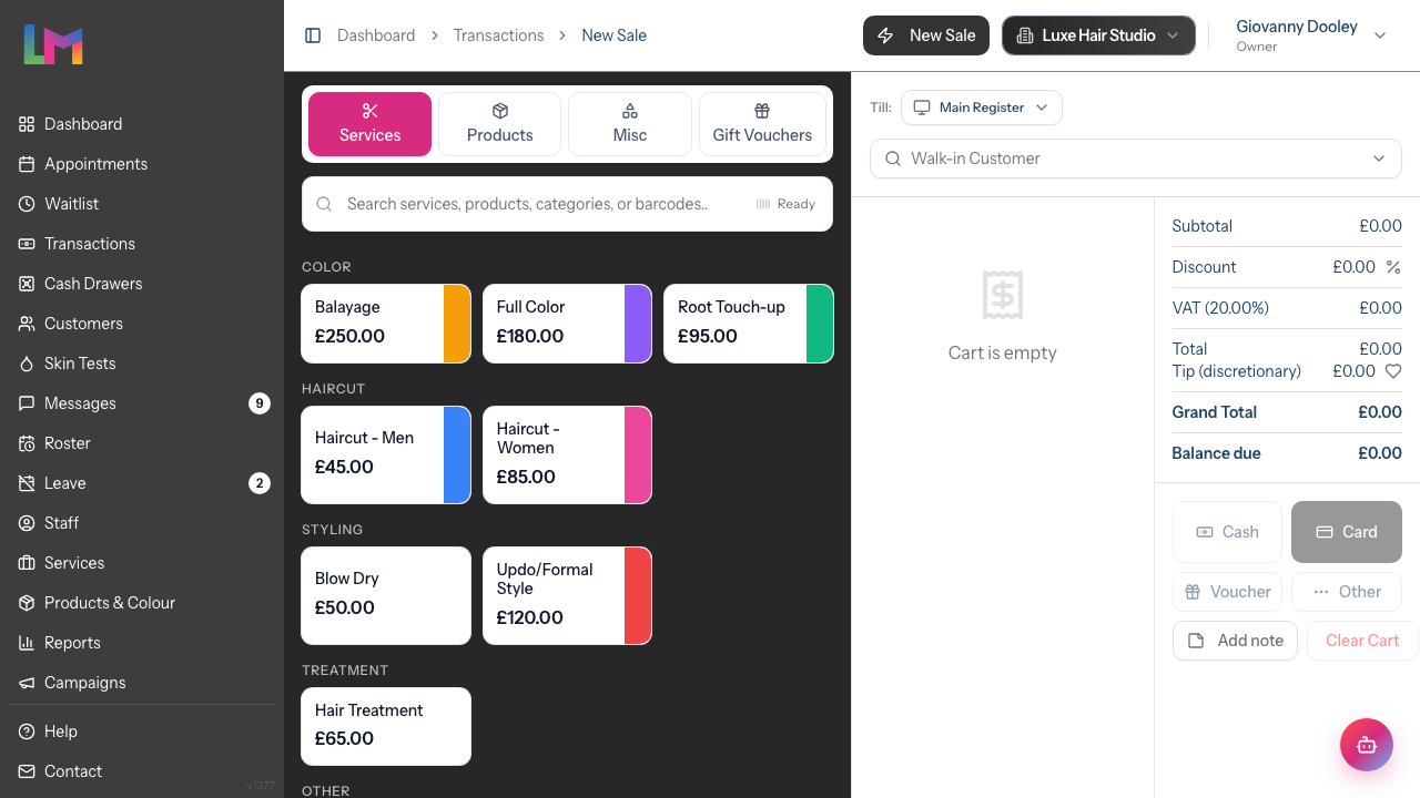 The Quick POS interface: service tabs and item grid on the left, and the cart with totals and payment buttons on the right.