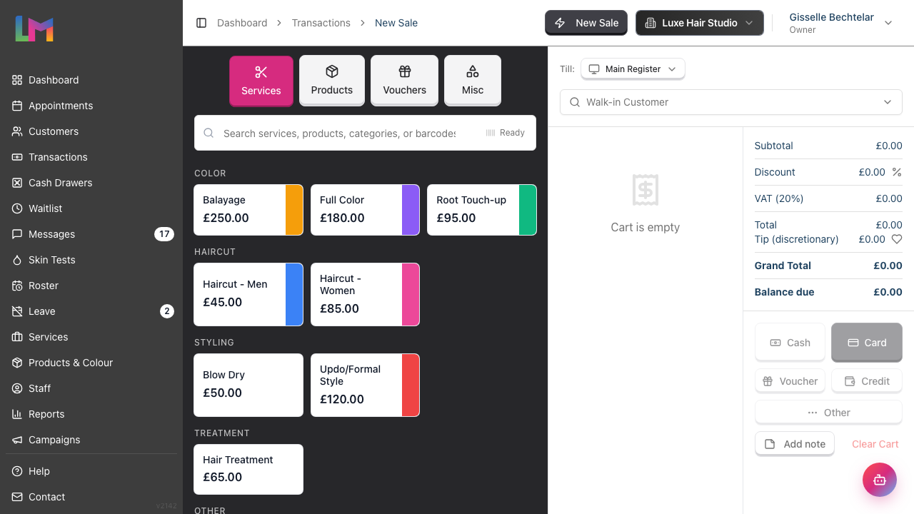 The Quick POS interface: service tabs and item grid on the left, and the cart with totals and payment buttons on the right.