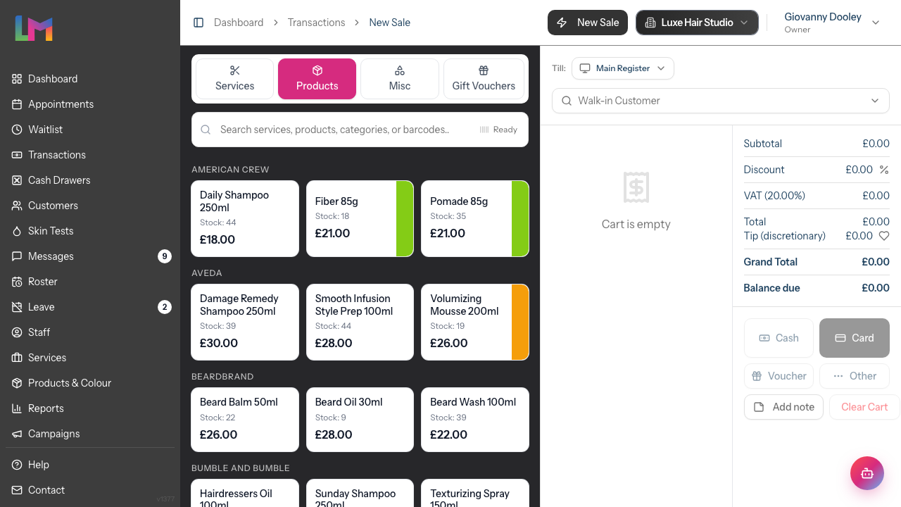 The Products tab in Quick POS, with retail products grouped by brand and showing stock counts.