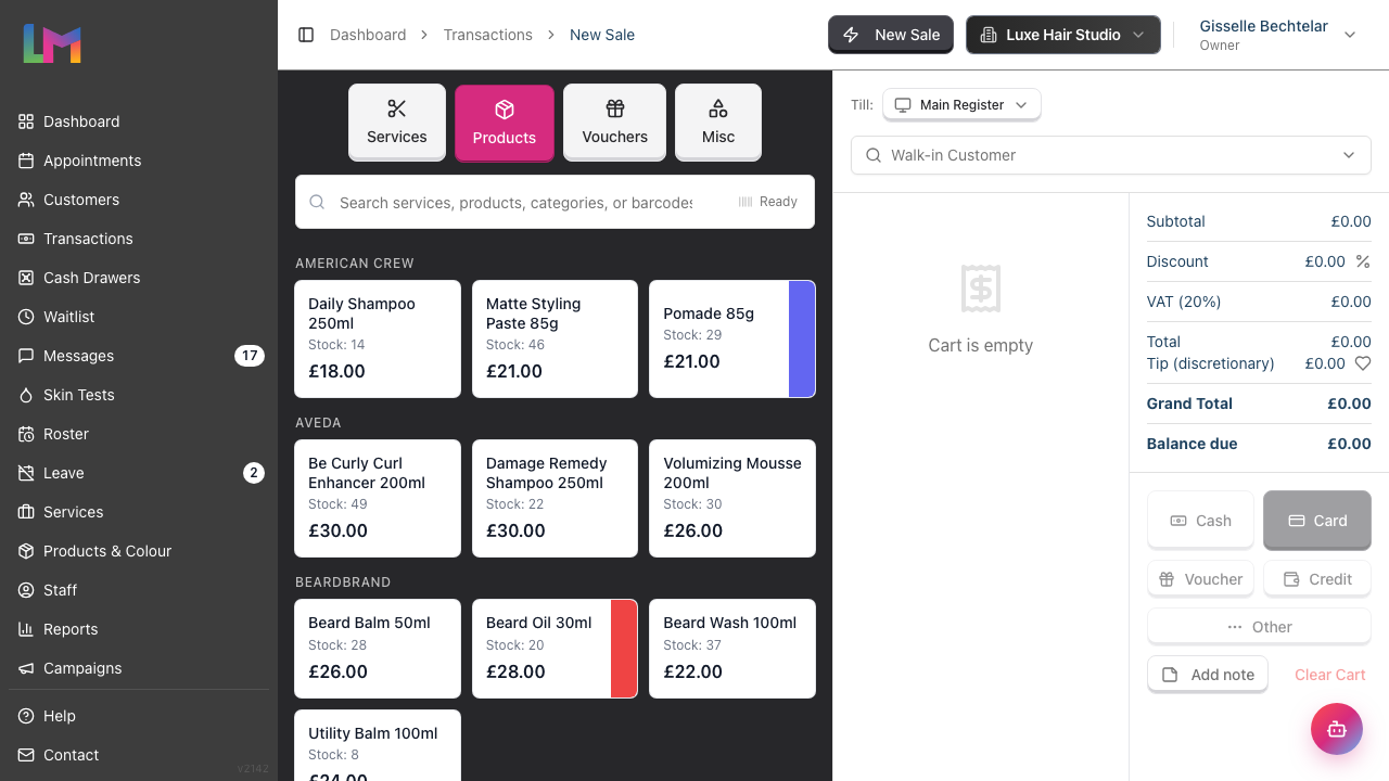 The Products tab in Quick POS, with retail products grouped by brand and showing stock counts.