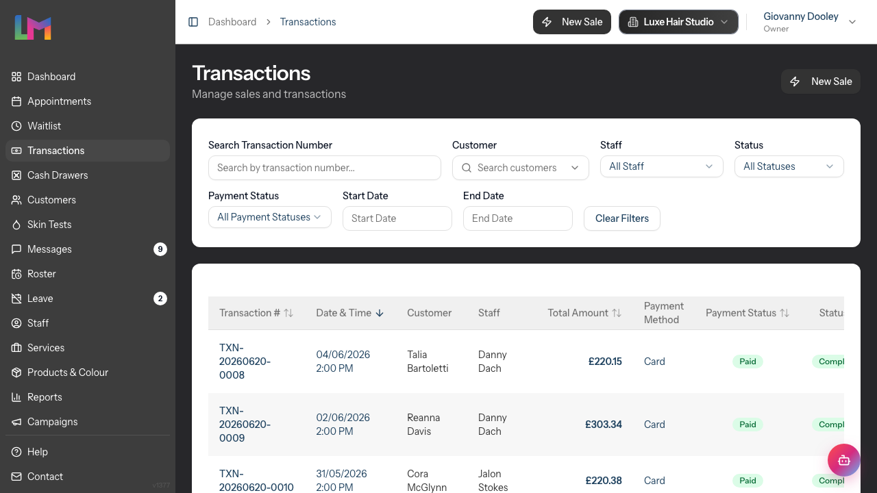 The Transactions list with columns for transaction number, date, customer, staff, total amount, payment method, payment status and status.