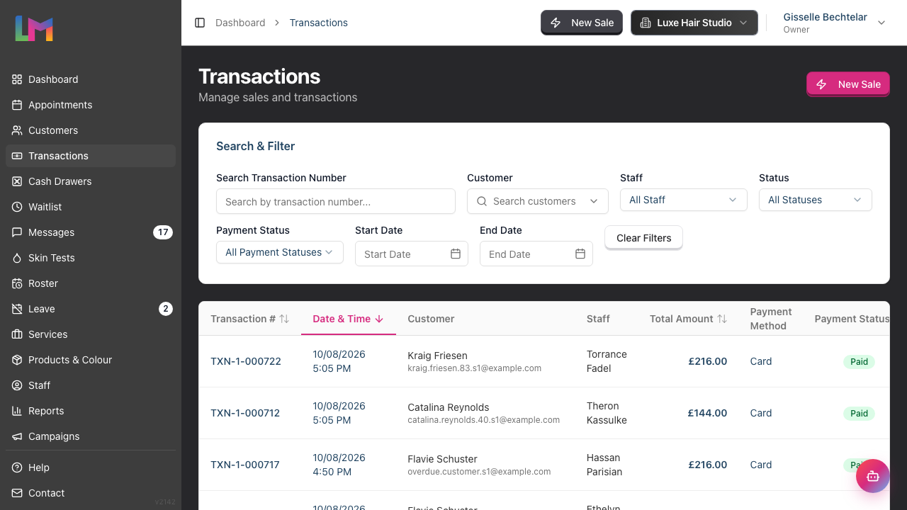 The Transactions list with columns for transaction number, date, customer, staff, total amount, payment method, payment status and status.
