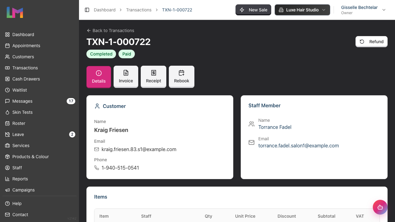 A completed transaction's detail page, showing the Details, Invoice, Receipt and Rebook tabs with the customer and staff cards, a Refund button, and the line-by-line breakdown below.