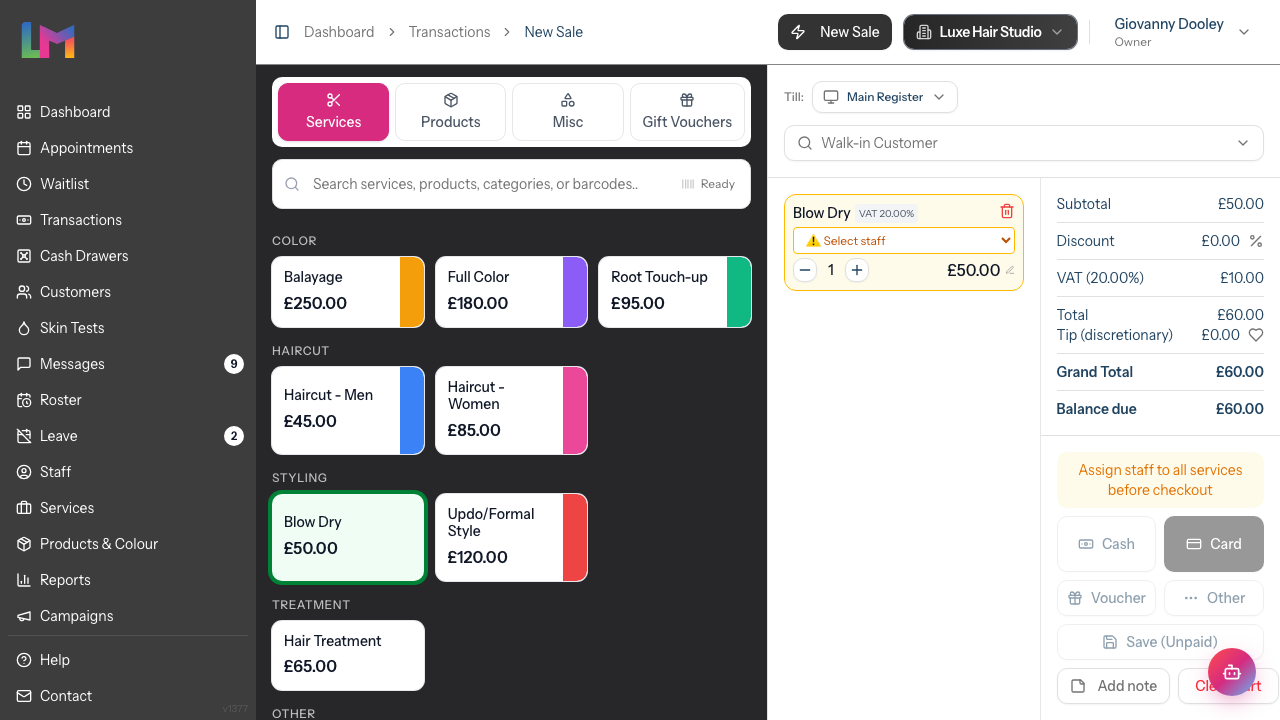 The Quick POS cart after adding a service, showing the line item with a staff selector and quantity, plus the Subtotal, Discount, VAT, Total and Grand Total breakdown and payment buttons.