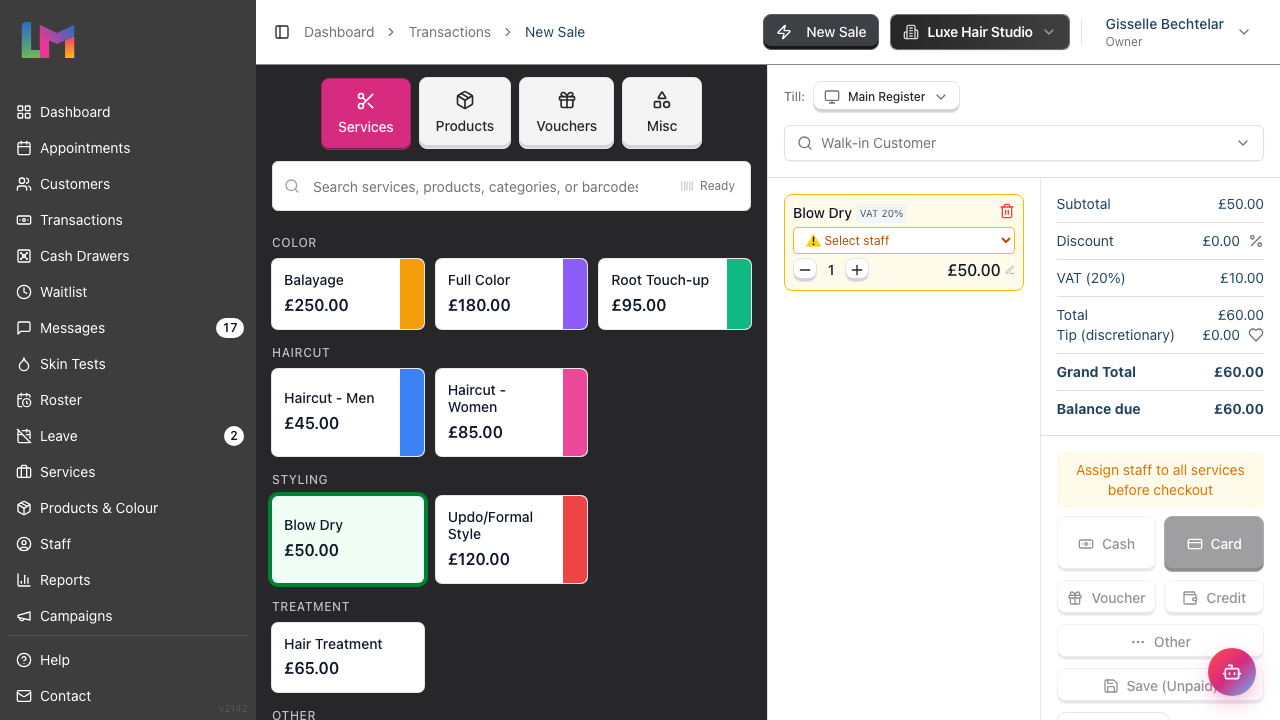 The Quick POS cart after adding a service, showing the line item with a staff selector and quantity, plus the Subtotal, Discount, VAT, Total and Grand Total breakdown and payment buttons.