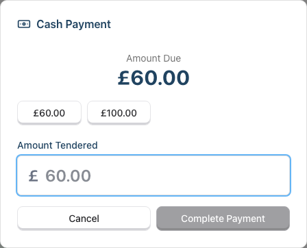 The Cash Payment panel showing the amount due, quick tender buttons, the Amount Tendered field, and the Cancel and Complete Payment buttons.