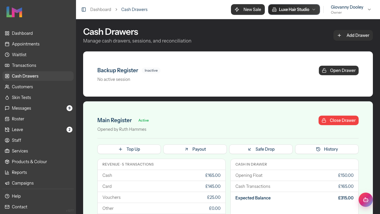 The Cash Drawers page listing each till as a card, showing an open Main Register with its session details and a closed Backup Register