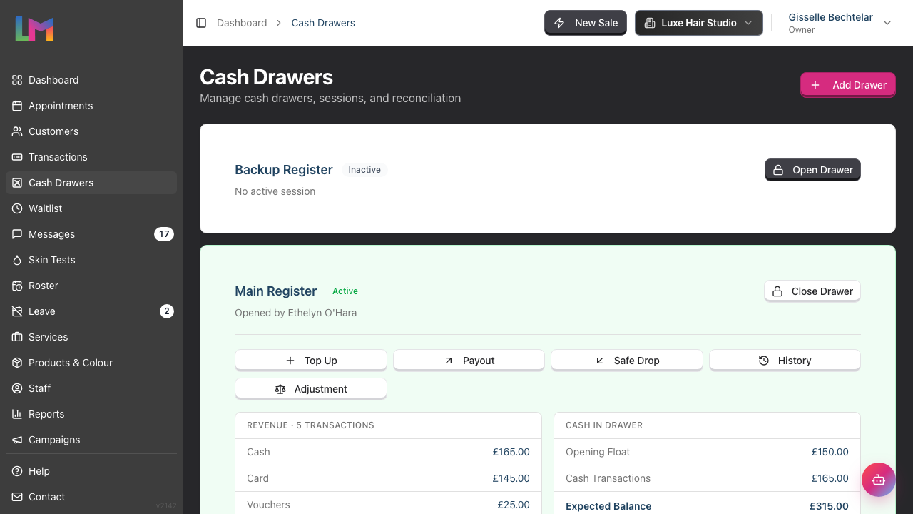The Cash Drawers page listing each till as a card, showing an open Main Register with its session details and a closed Backup Register