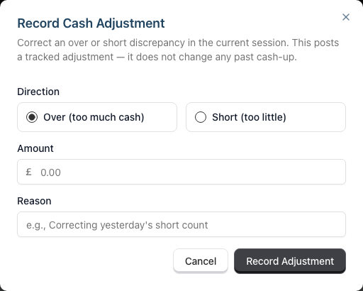 The Record Cash Adjustment dialog with Over and Short direction options above the Amount and Reason fields