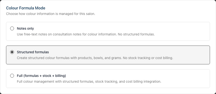 The Colour Formula Mode selector under Salon Settings, showing the three options â Notes only, Structured formulas, and Full â each with a short description