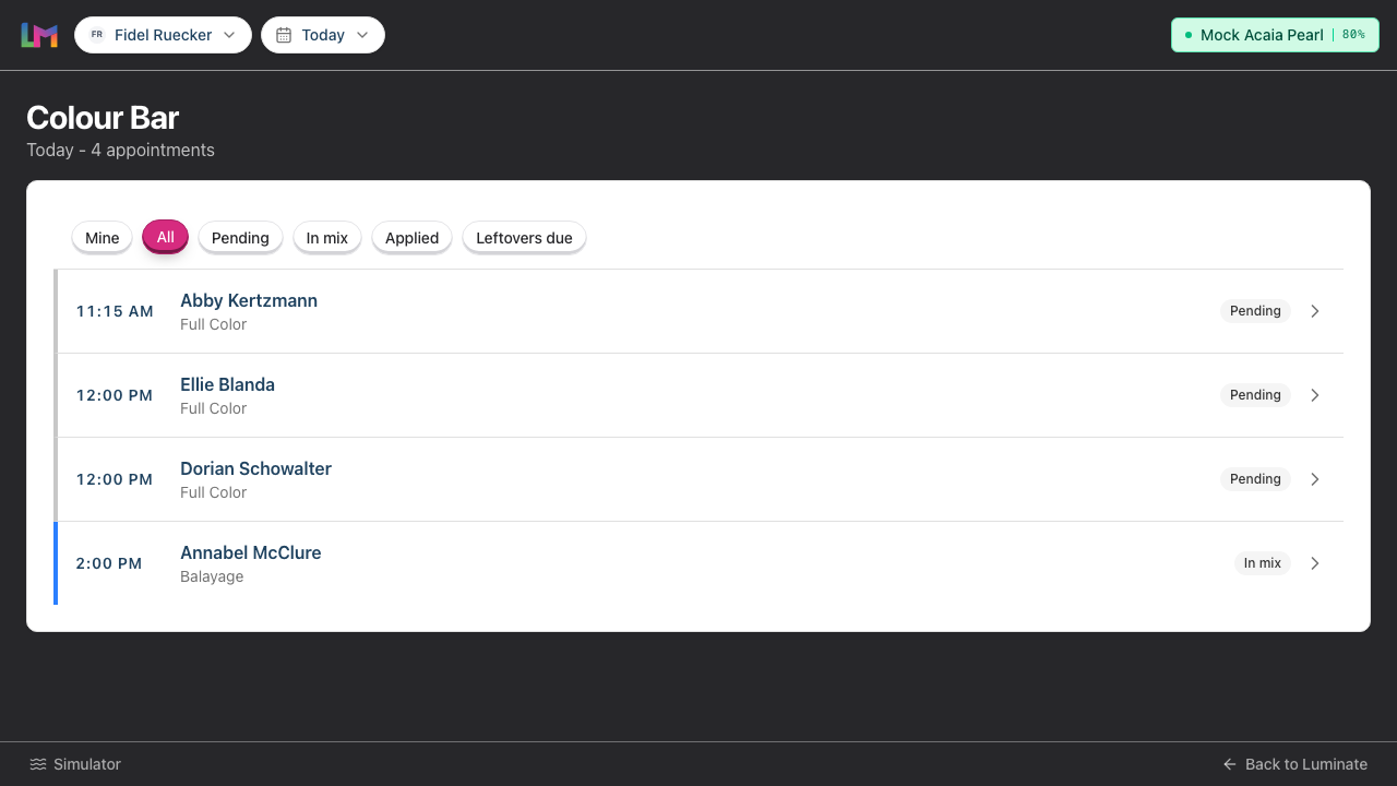 The Colour Bar Today screen â shared header with stylist picker, date picker and connected-scale pill, the filter-chip row, and a list of appointment rows showing time, customer, service and a status badge