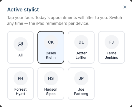 The Stylist picker dialog â a grid of stylist tiles (